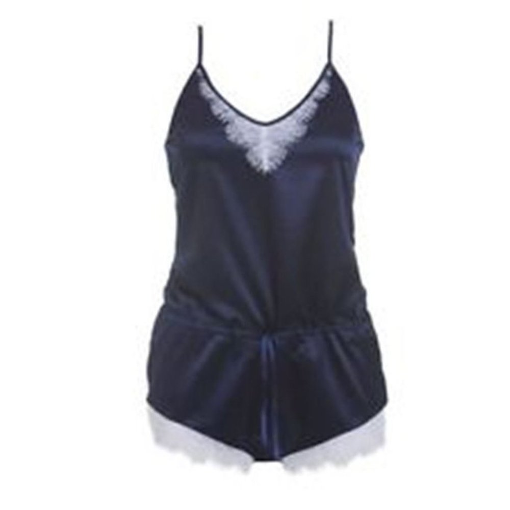 BLUSH LINGERIE Navy Blue NIGHT Stroll ROMPER Drawcord Waist SLEEPWEAR Sateen L